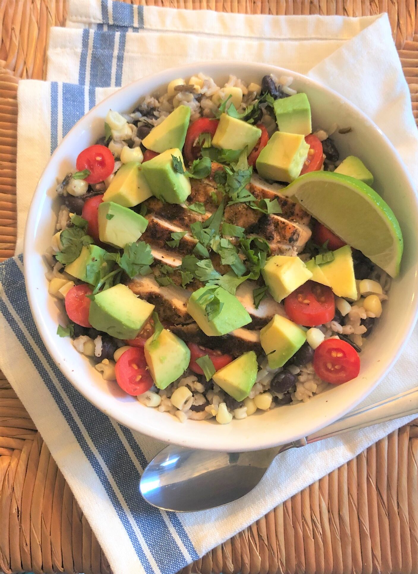 Rice Bowl with Black Beans, Chicken and Corn:  Cholesterol-friendly.