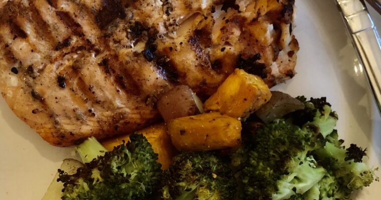 Grilled Salmon with Roasted Sweet Potatoes and Broccoli