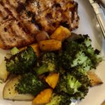 Grilled Salmon with Sweet Potatoes and Broccoli is a cholesterol friendly meal.